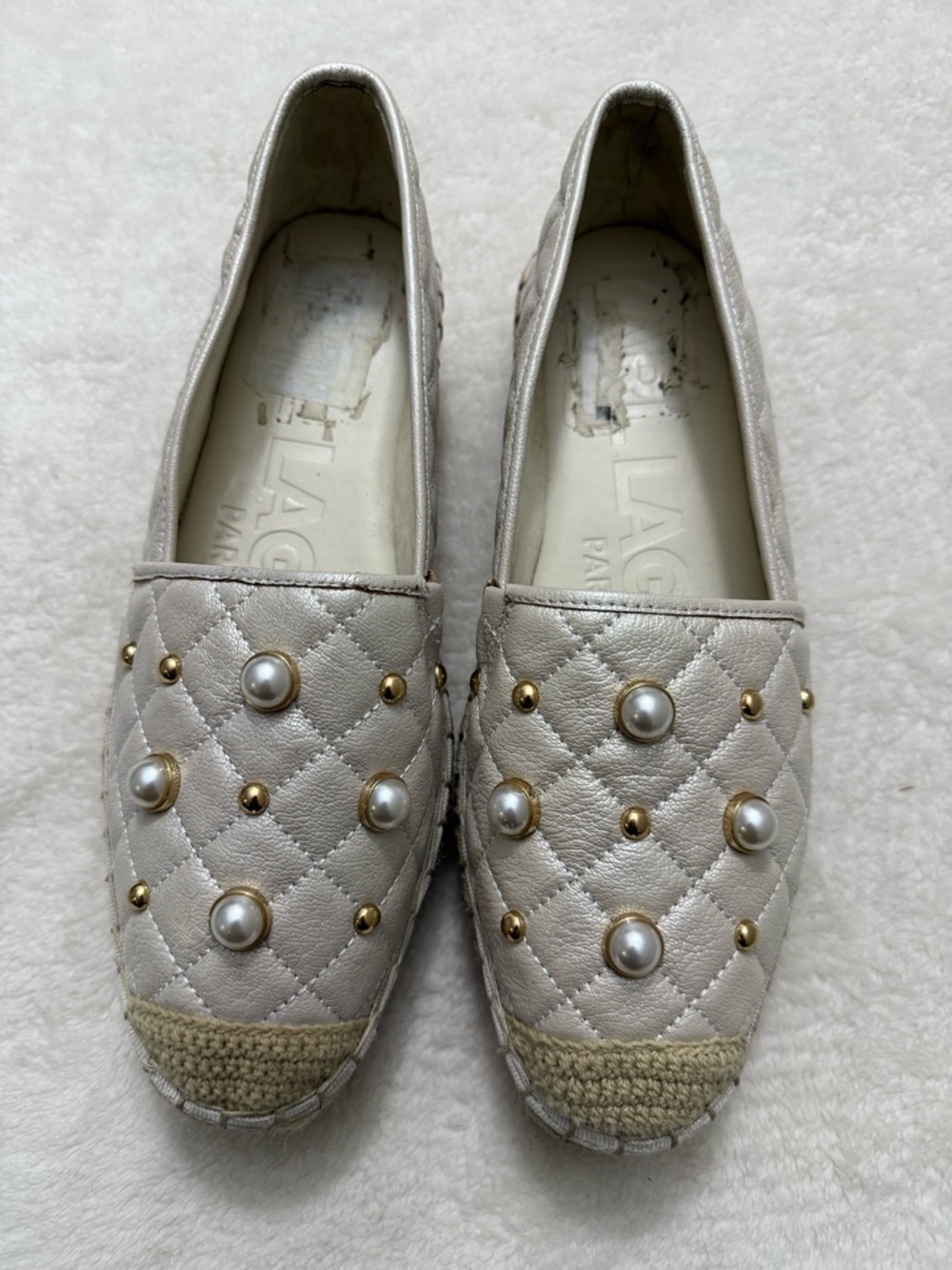 Karl Lagerfeld Quilted Pearl & Gold Stud Espadrilles - Champagne Metallic